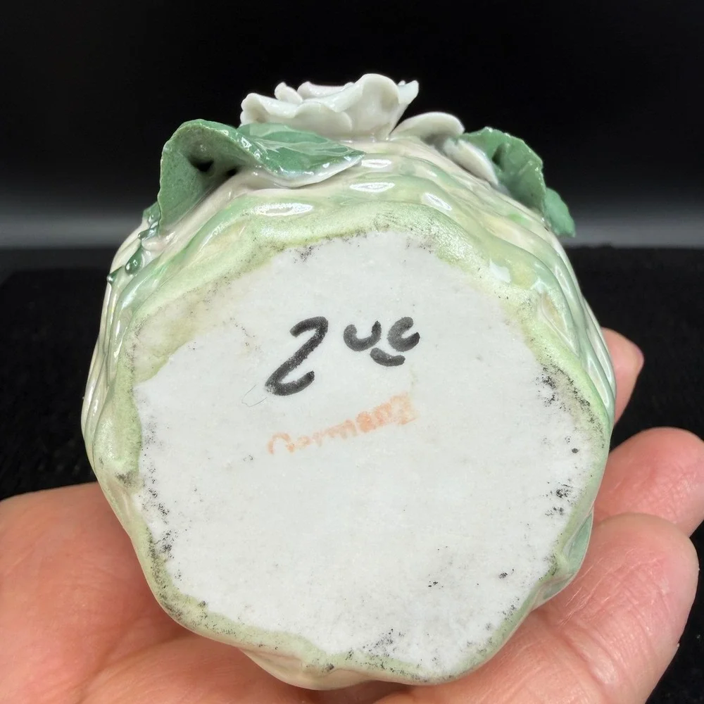 Vintage Germany Miniature Porcelain Flower Basket White Rose Figurine Delicate‎